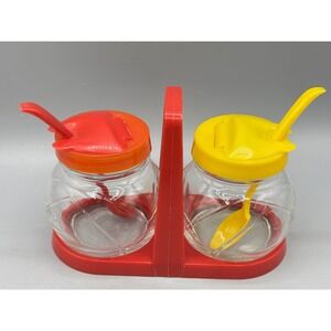 Vtg Federal Tool Glass Condiment Set Red Caddy Yellow Lid Spoons Ketchup Mustard